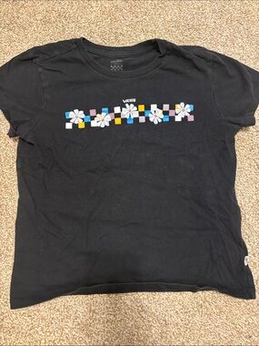 Vans Black Tee with Multicolor Checkerboard & Daisy Graphic